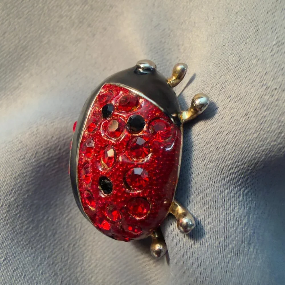 Ladybug Brooch Red Rhinestones Domed Vintage Pin 1.5